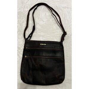 ESTALON Dark Brown Genuine Leather Crossbody Zip Front‎ Pockets Adjustable Strap